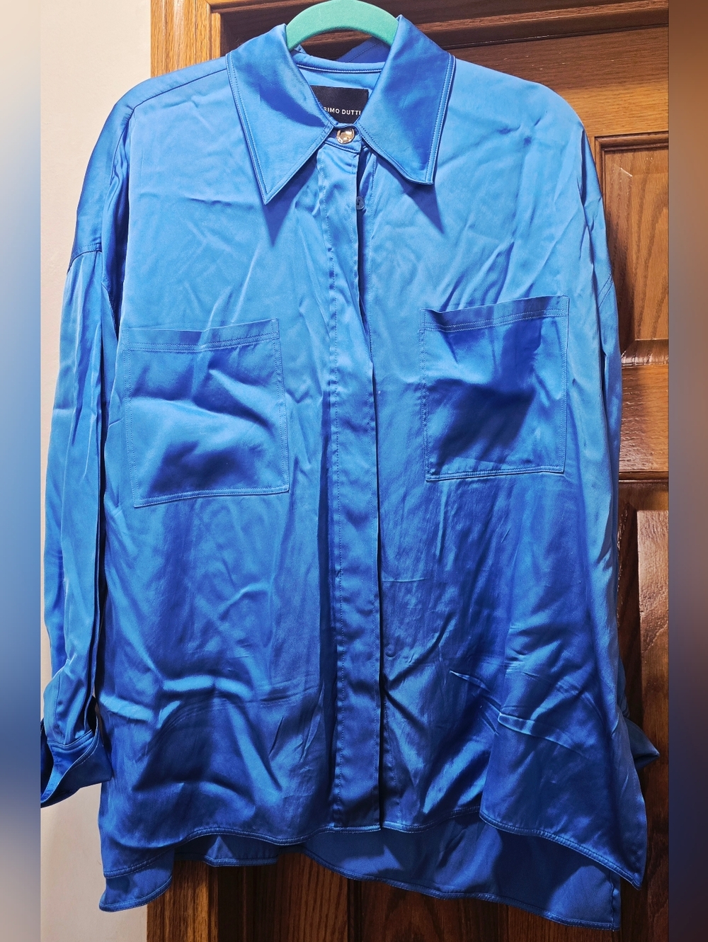 Massimo Dutti Women Cobalt Blue Satin Shirt Jacket